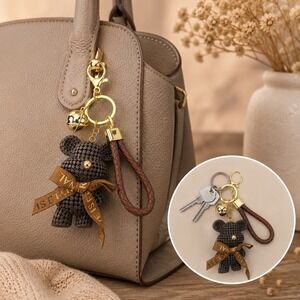 Teddy Bear Keychain Bag Charm Brown Woven Texture Braided Strap Gold Hardware